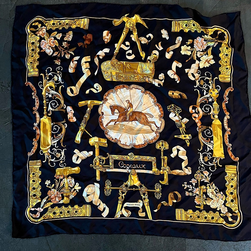 Hermès classic equestrian silk scarf 36x36